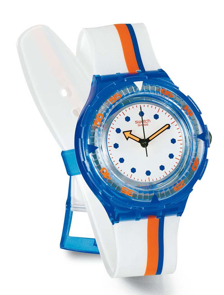 Swatch Scuba 200 Access High in the Sky SHN104 Armbanduhr mit blauem Gehäuse, weißem Zifferblatt und weißem Armband