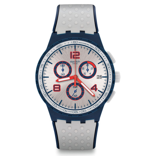 Swatch Chrono Plastic HUMPY BUMPY SUSN411 Chronograph mit blauem Gehäuse, silberfarbenem Zifferblatt und blaugrauem Armband