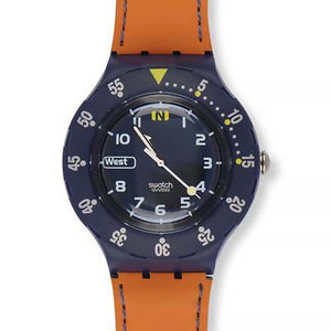 Swatch Scuba 200 Hydrocompass SDN121 Armbanduhr mit blauem Gehäuse, blauem Zifferblatt und orangefarbenem Armband
