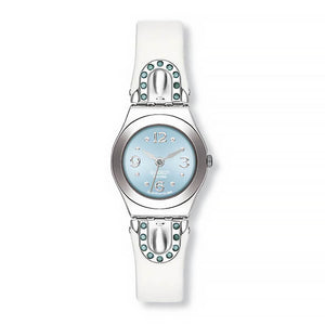 Swatch Irony Lady Indian Treasure YSS204 Damenuhr mit silberfarbenem Gehäuse, blauem Zifferblatt und weißem Armband