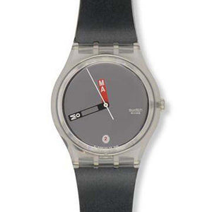 Swatch Gent Special Moma Black GZ406C Armbanduhr mit transparentem Kunststoffgehäuse, silberfarbenem Zifferblatt und schwarzem Armband