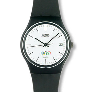 Swatch Gent Olympia Special Olympia Logo GZ400RE Armbanduhr mit schwarzem Gehäuse, weißem Zifferblatt und schwarzem Armband
