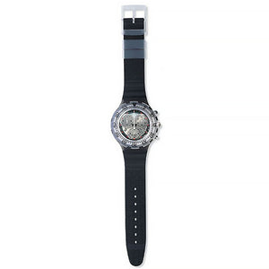 Swatch Aqua Chrono Onda Nera SBM103 Chronograph mit grauschwarzem Gehäuse, silberfarbenem Zifferblatt und schwarzem Armband