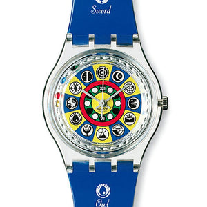 Swatch Gent Oracolo GZ151STD Armbanduhr mit transparentem Kunststoffgehäuse, blaugelbem Zifferblatt und blauweißem Armband