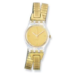 Swatch Lady Oro Meo LK190A Damenuhr mit transparentem Kunststoffgehäuse, goldfarbenem Zifferblatt und goldfarbenem Edelstahl Flexarmband