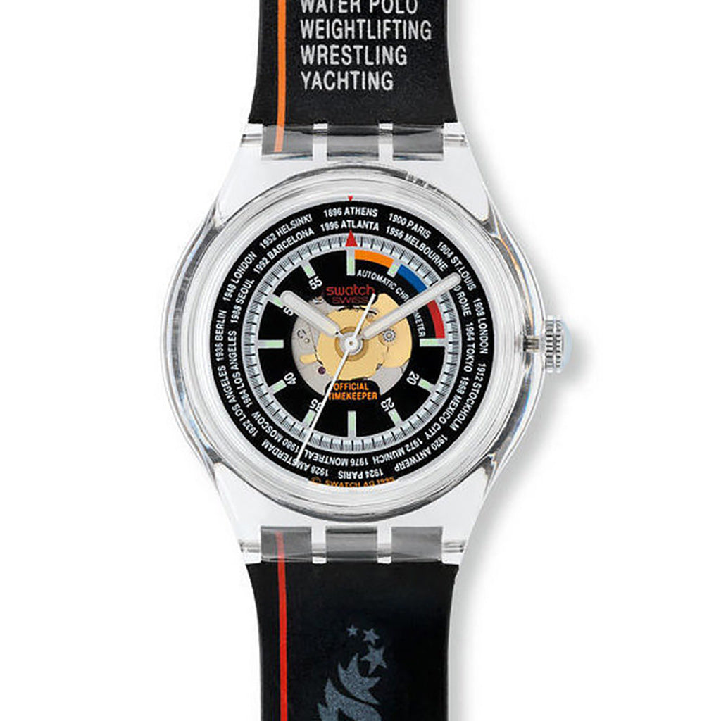 Swatch Perfect Timing - Standard Version SAZ105STD Automatikuhr mit transparentem Kunststoffgehäuse und schwarzem Armband