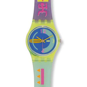 Swatch Lady Peak Season LJ101 Damenuhr mit grünem Kunststoffgehäuse, buntem Zifferblatt und buntem Kunststoffarmband