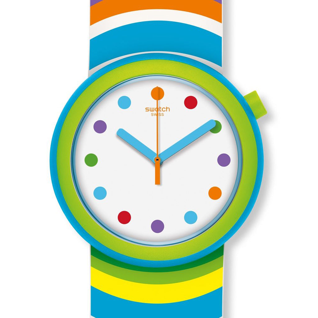 Farbe pur, das ist die neue Pop Swatch POPADELIC. Knallige Farben im bunten Psychodelic-Look, so läßt sich das Design am Besten beschreiben. Am Handgelenk sieht die Uhr einfach genial aus und mit dem Wendearmband können Sie das Design schnell umwandeln. D