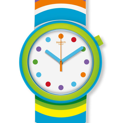 Farbe pur, das ist die neue Pop Swatch POPADELIC. Knallige Farben im bunten Psychodelic-Look, so läßt sich das Design am Besten beschreiben. Am Handgelenk sieht die Uhr einfach genial aus und mit dem Wendearmband können Sie das Design schnell umwandeln. D