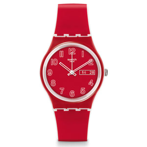 Swatch Gent Greetings From Vienna GW705D Armbanduhr mit weißem Gehäuse, rotem Zifferblatt und rotweißem Armband
