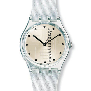 Swatch Gent Pure Tecno GK327 Armbanduhr mit transparentem Kunststoffgehäuse, silberfarbenem Zifferblatt und silberweißem Kunstlederarmband