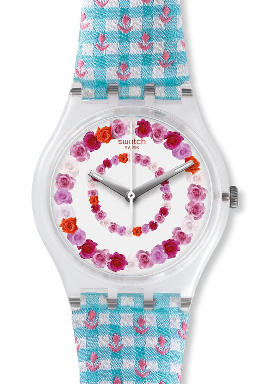 Swatch Gent Mother's Day Special ROSES4U GZ291STD Armbanduhr mit transparentem Kunststoffgehäuse, rosaweißem Zifferblatt und blauem Armband