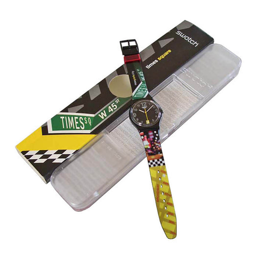 Swatch Gent Special Sign of the Times GZ409 Armbanduhr mit schwarzem Gehäuse, schwarzem Zifferblatt und buntem Armband