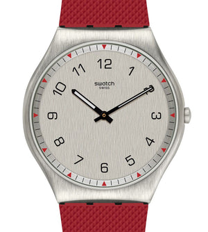 Swatch Skin Irony Skinrouge SS07S105 Armbanduhr mit silberfarbenem Gehäuse, silberfarbenem Zifferblatt und rotem Armband