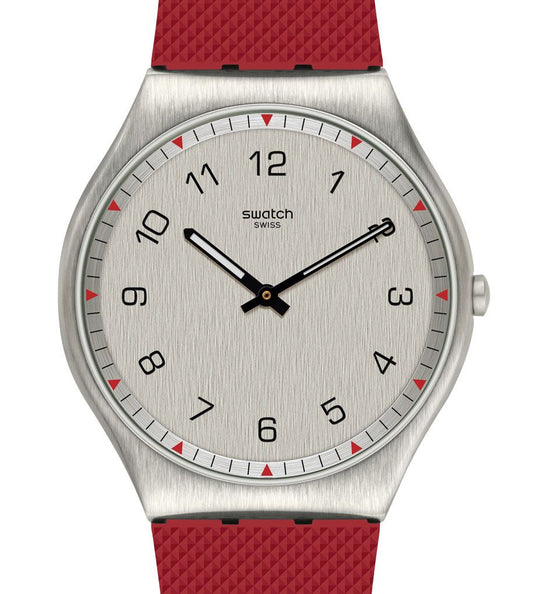 Swatch Skin Irony Skinrouge SS07S105 Armbanduhr mit silberfarbenem Gehäuse, silberfarbenem Zifferblatt und rotem Armband