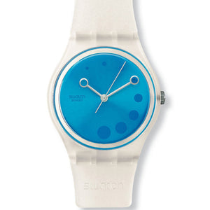 Swatch Gent Sliding Cuff GK342 – Anhänger Armbanduhr mit blauem Kunststoffgehäuse, transparentem Zifferblatt und blauem Kunststoffarmband