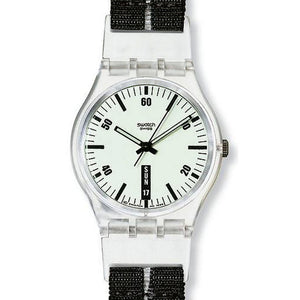 Swatch Gent Slip and Grip GK734 Armbanduhr mit transparentem Gehäuse, weißem Zifferblatt und schwarzem Armband