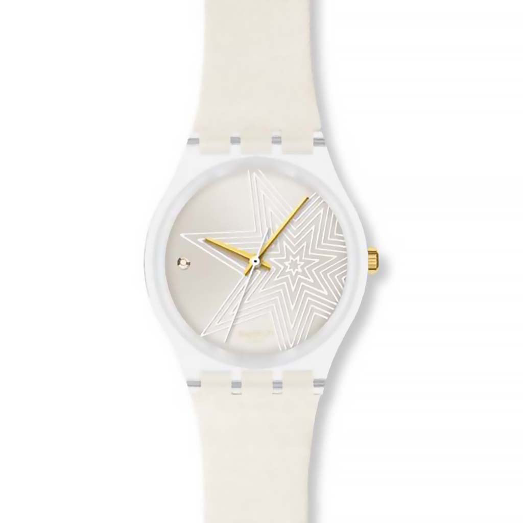 Swatch Gent X-Mas Special 2010 Snow Dance GZ232SSTD Armbanduhr mit transparentem Kunststoffgehäuse und cremefarbenem Armband