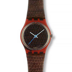 Swatch Lady Spiga LF101 Damenuhr mit braunem Kunststoffgehäuse, braunem Zifferblatt und braunem Kunststoffarmband