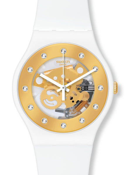Swatch New Gent SUNRAY GLAM SO29W105-S14 Armbanduhr mit weißem bio-basierter Kunststoffgehäuse und weißem bio-basierter Kunststoffarmband