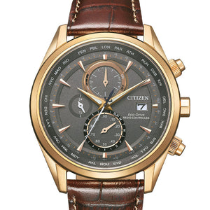 Citizen Herren Chrono Funkuhr AT8263-10H Chronograph mit goldfarbenem Gehäuse, anthrazitfarbenem Zifferblatt und braunem Armband