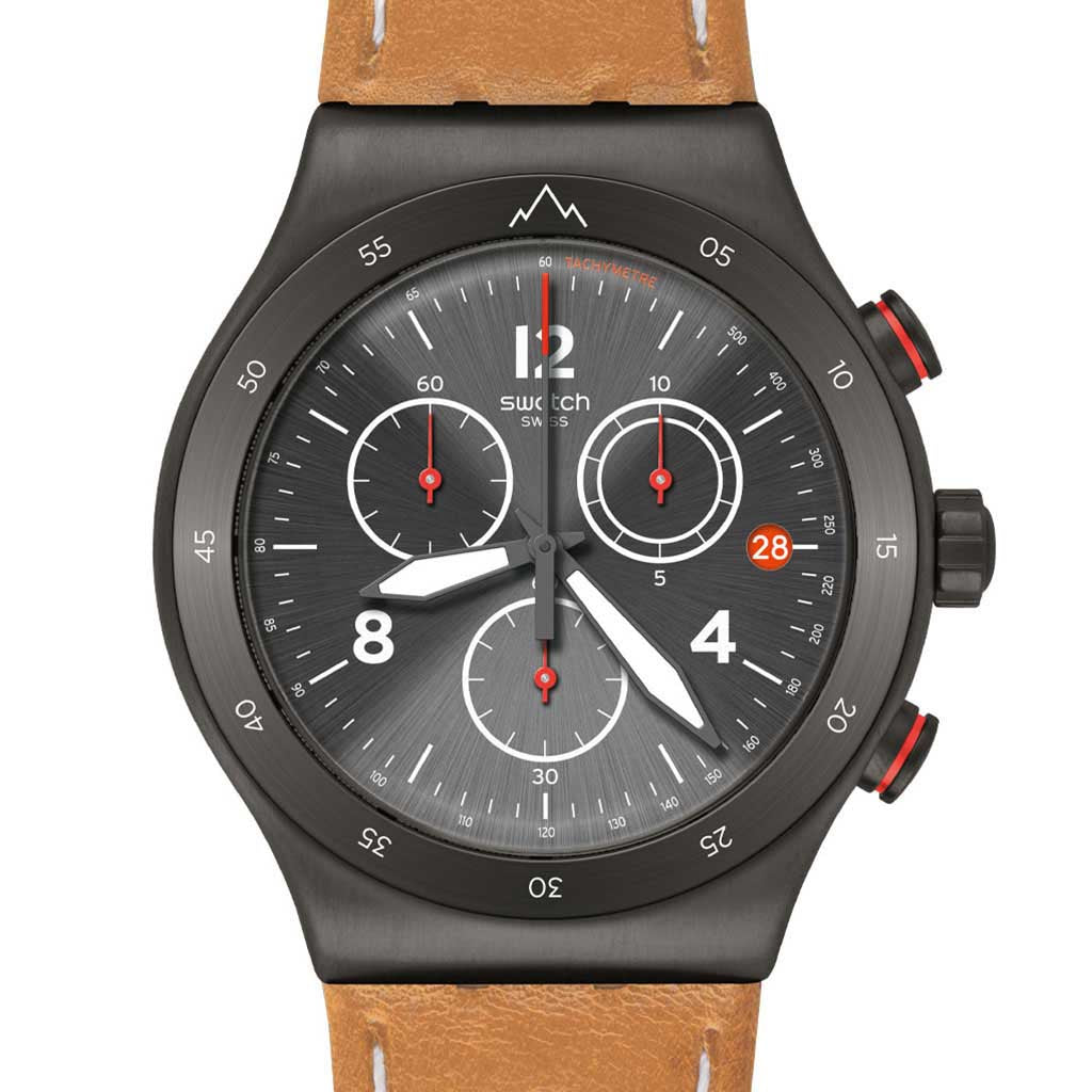 Swatch New Irony Chrono Special The Journey is the Reward YVZ400 Chronograph mit anthrazitschwarzem Gehäuse und braunem Armband