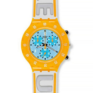 Swatch Aqua Chrono Wake Up / Spike Lee Special SBZ104STD Chronograph mit orangefarbenem Gehäuse und grauorangefarbenem Armband