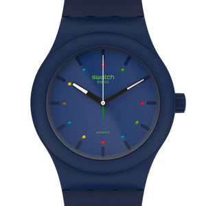 Swatch Sistem 51 WAKTU51 SO30N400 Automatikuhr mit blauem bio-basierter Kunststoffgehäuse, blauem Zifferblatt und blauem Armband