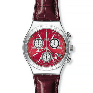 Swatch Irony Chrono Wheeling Bordeaux YCS421PU Chronograph mit silberfarbenem Gehäuse, rotem Zifferblatt und rotem Armband