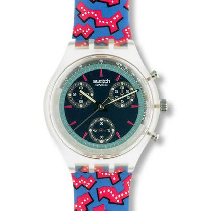 Swatch Chrono Wild Card SCK100 Chronograph mit transparentem Gehäuse, blauem Zifferblatt und blaurotem Armband