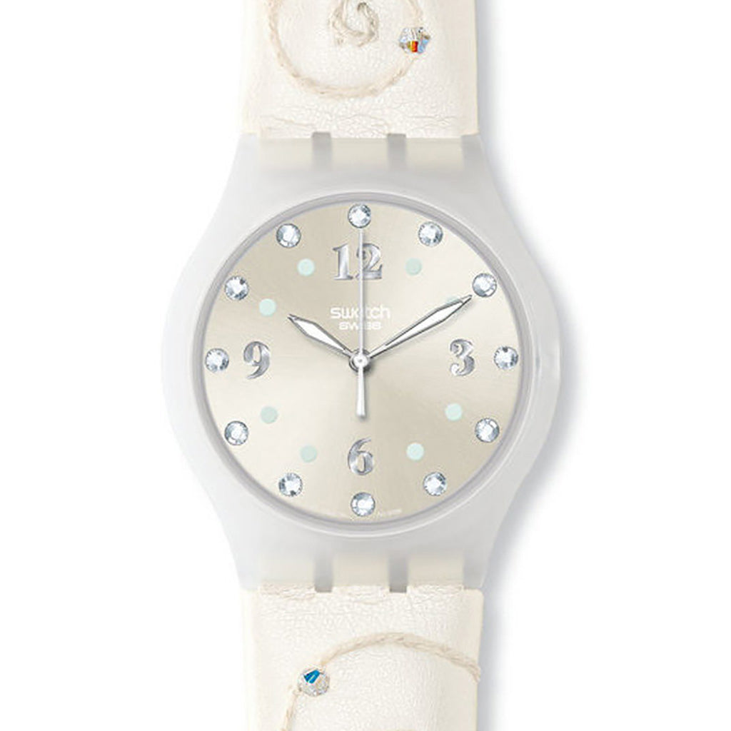 Swatch Jelly in Jelly Special WINTER DAY SUJW100S Armbanduhr mit weißem Gehäuse, weißem Zifferblatt und weißem Armband