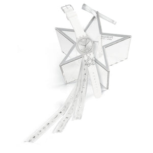 Swatch Gent Special Winter Frost GZ192S Armbanduhr mit transparentem Kunststoffgehäuse, silberfarbenem Zifferblatt und cremeweißem Armband
