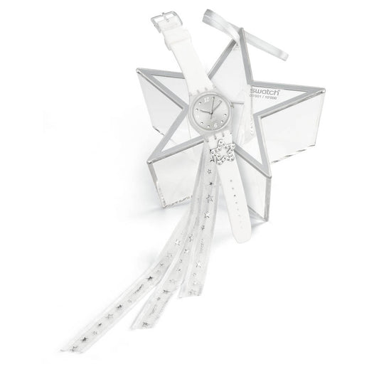 Swatch Gent Special Winter Frost GZ192S Armbanduhr mit transparentem Kunststoffgehäuse, silberfarbenem Zifferblatt und cremeweißem Armband