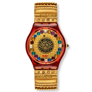 Swatch Gent Flex X-Mas Special Xmas by Xian Lax GZ140 Armbanduhr mit rotem Kunststoffgehäuse und goldfarbenem Armband