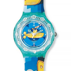 Swatch Scuba 200 Yellow Sub SDL101STD Armbanduhr mit grünem Gehäuse, blauem Zifferblatt und buntem Armband