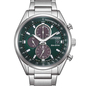 Citizen Chrono Herrenuhr CA0459-79X Chronograph mit silberfarbenem Gehäuse, grünem Zifferblatt und silberfarbenem Armband