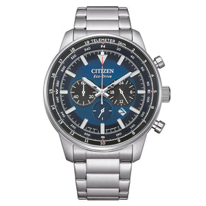 Citizen Chrono Herrenuhr CA4500-91L Chronograph mit silberfarbenem Gehäuse, blauem Zifferblatt und silberfarbenem Armband