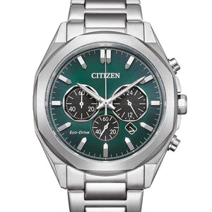Citizen Chrono Herrenuhr CA4590-81X Chronograph mit silberfarbenem Gehäuse, grünem Zifferblatt und silberfarbenem Armband