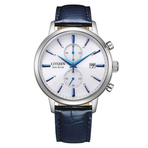 Citizen Chrono Herrenuhr CA7069-16A Chronograph mit silberfarbenem Gehäuse, weißem Zifferblatt und blauem Armband