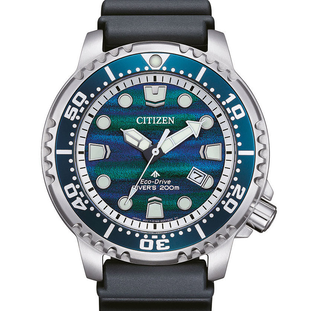Citizen Promaster Marine BN0167-09W Armbanduhr mit silberfarbenem Edelstahlgehäuse, blautürkisfarbenem Zifferblatt und grauem Silikonarmband