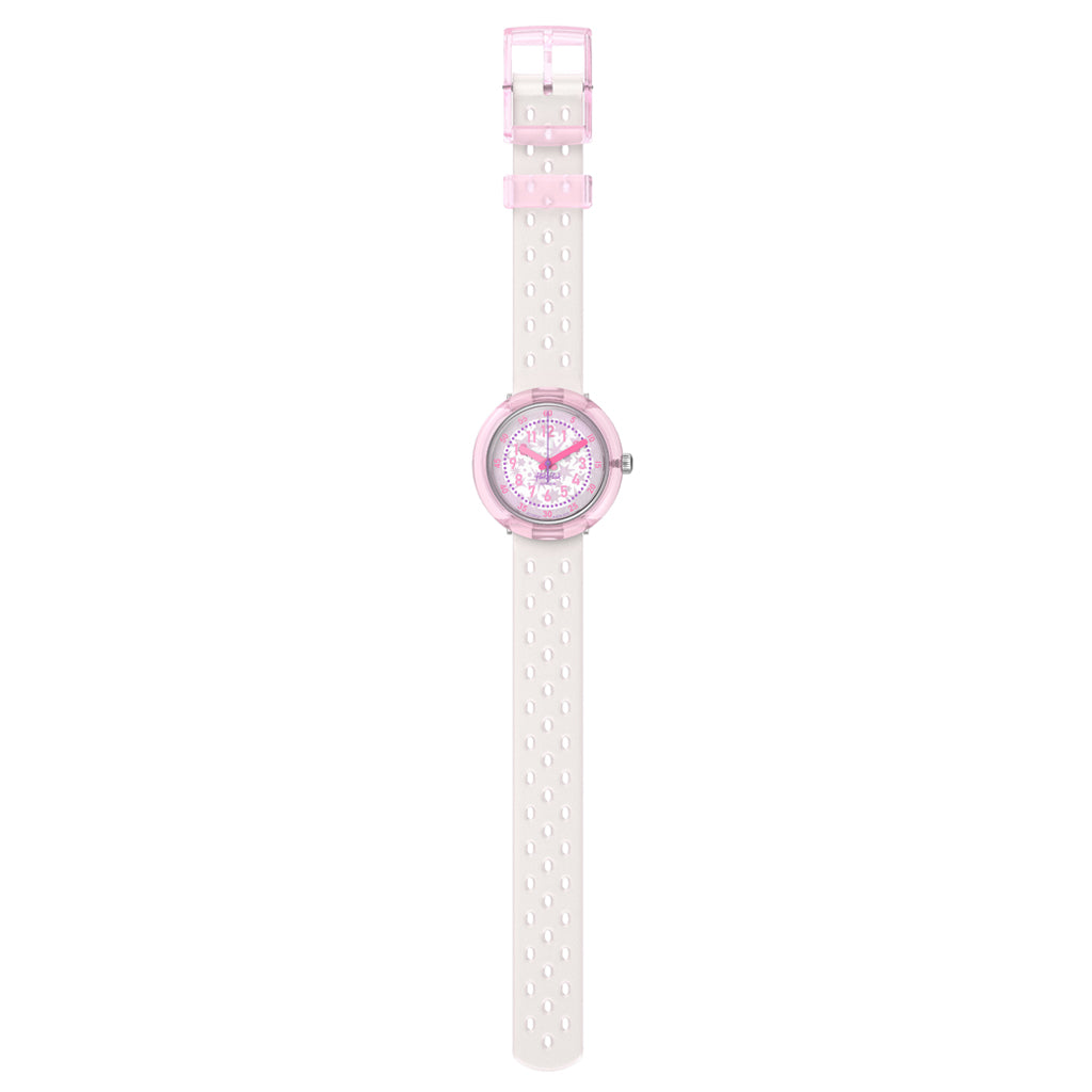 Flik Flak FIZZ IN PEARL ZFCNP007 Armbanduhr mit rosafarbenem Kunststoffgehäuse und weißem Silikon/Kautschuckarmband