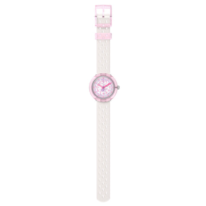Flik Flak FIZZ IN PEARL ZFCNP007 Armbanduhr mit rosafarbenem Kunststoffgehäuse und weißem Silikon/Kautschuckarmband
