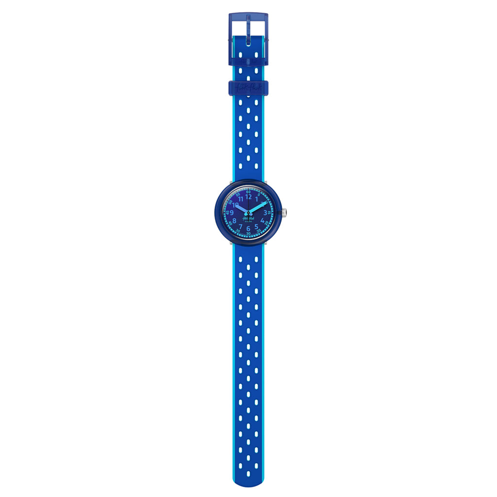 Flik Flak FIZZ IN SPACE ZFCNP008 Armbanduhr mit blauem Kunststoffgehäuse, blauem Zifferblatt und blauem Silikon/Kautschuckarmband