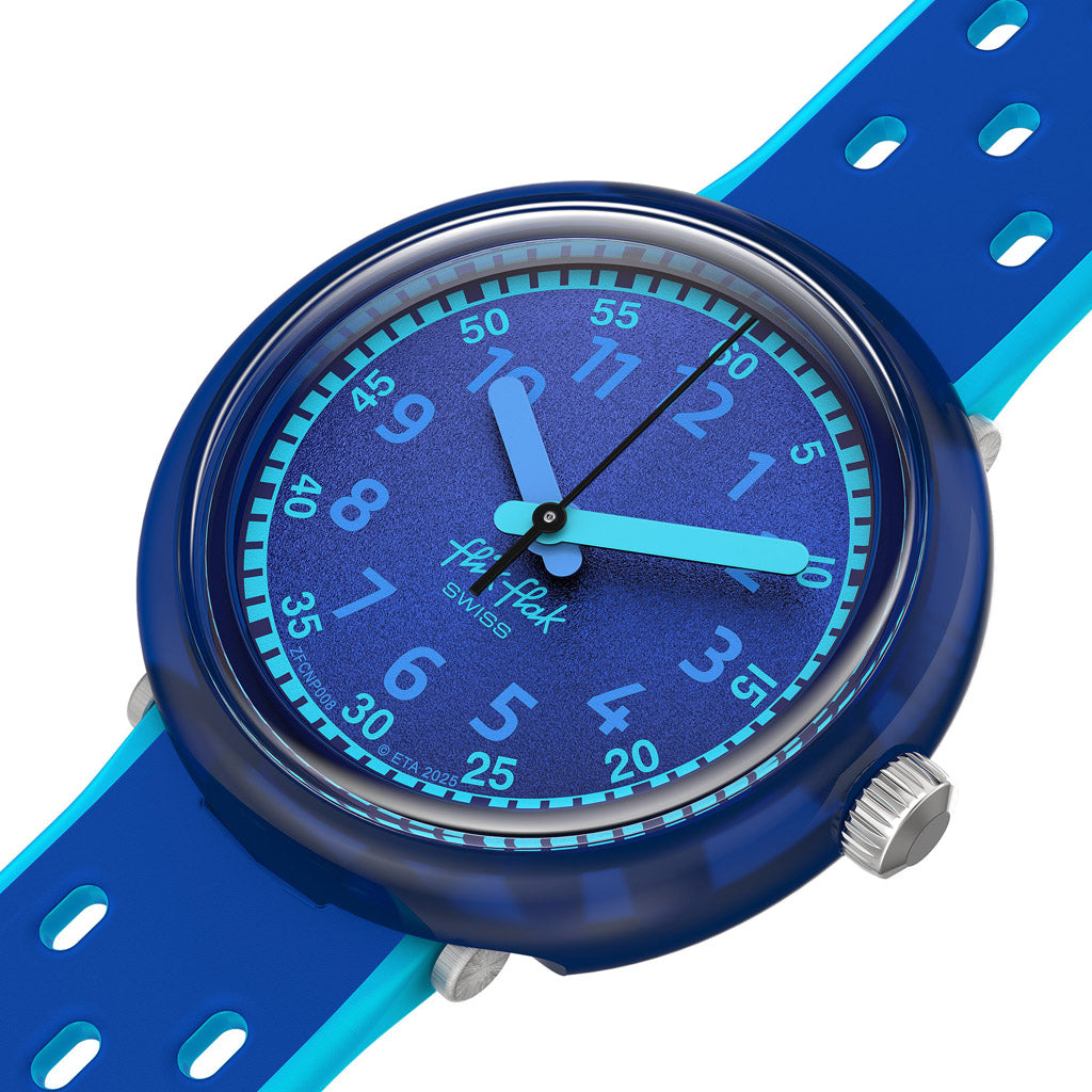 Flik Flak FIZZ IN SPACE ZFCNP008 Armbanduhr mit blauem Kunststoffgehäuse, blauem Zifferblatt und blauem Silikon/Kautschuckarmband