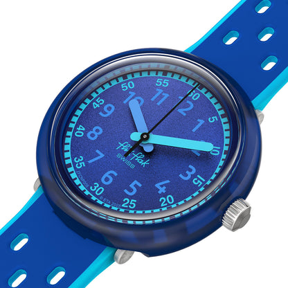 Flik Flak FIZZ IN SPACE ZFCNP008 Armbanduhr mit blauem Kunststoffgehäuse, blauem Zifferblatt und blauem Silikon/Kautschuckarmband