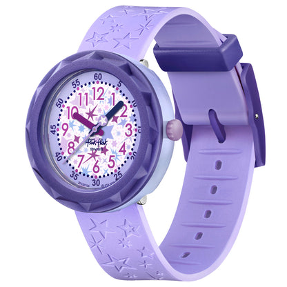 Flik Flak Kinderuhr GALAXOLOGY ZFCSP135 Armbanduhr mit violettem bio-basierter Kunststoffgehäuse und violettem Silikon/Kautschuckarmband
