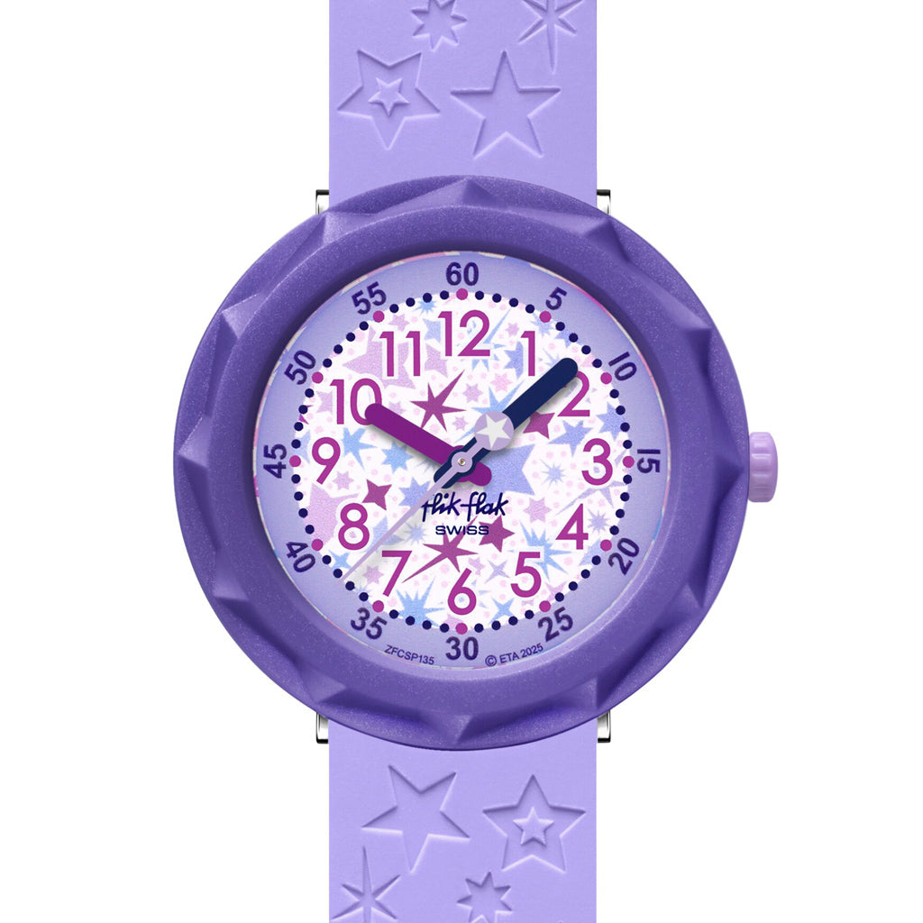 Flik Flak Kinderuhr GALAXOLOGY ZFCSP135 Armbanduhr mit violettem bio-basierter Kunststoffgehäuse und violettem Silikon/Kautschuckarmband