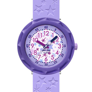Flik Flak Kinderuhr GALAXOLOGY ZFCSP135 Armbanduhr mit violettem bio-basierter Kunststoffgehäuse und violettem Silikon/Kautschuckarmband