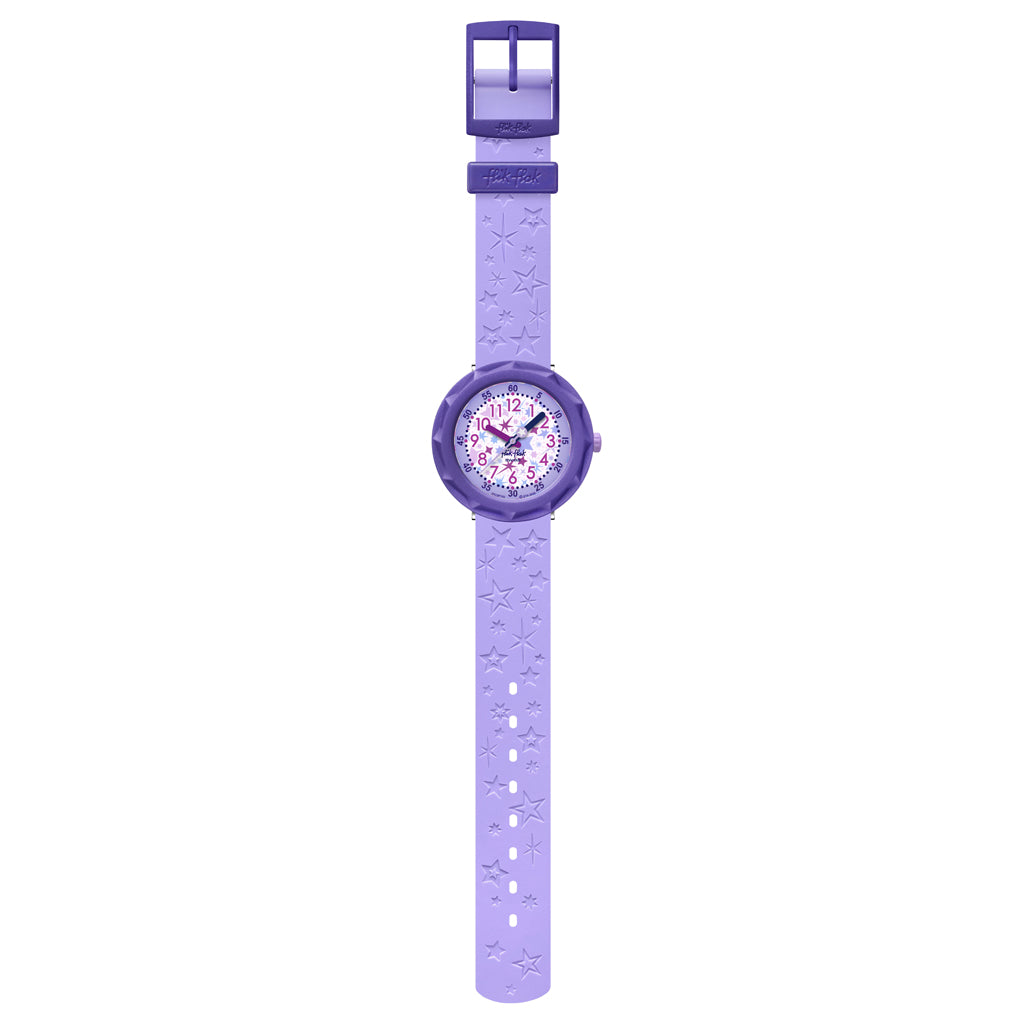 Flik Flak Kinderuhr GALAXOLOGY ZFCSP135 Armbanduhr mit violettem bio-basierter Kunststoffgehäuse und violettem Silikon/Kautschuckarmband