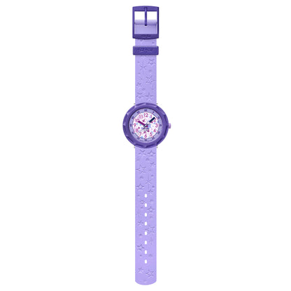 Flik Flak Kinderuhr GALAXOLOGY ZFCSP135 Armbanduhr mit violettem bio-basierter Kunststoffgehäuse und violettem Silikon/Kautschuckarmband